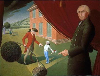 Painting of George Washington looking on as a younger  George was repriminded for chopping down the  cherry tree